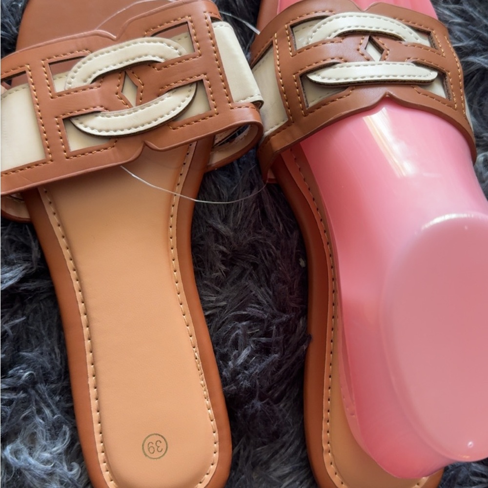 Tan and Pink Slide Sandals with Cream Trim